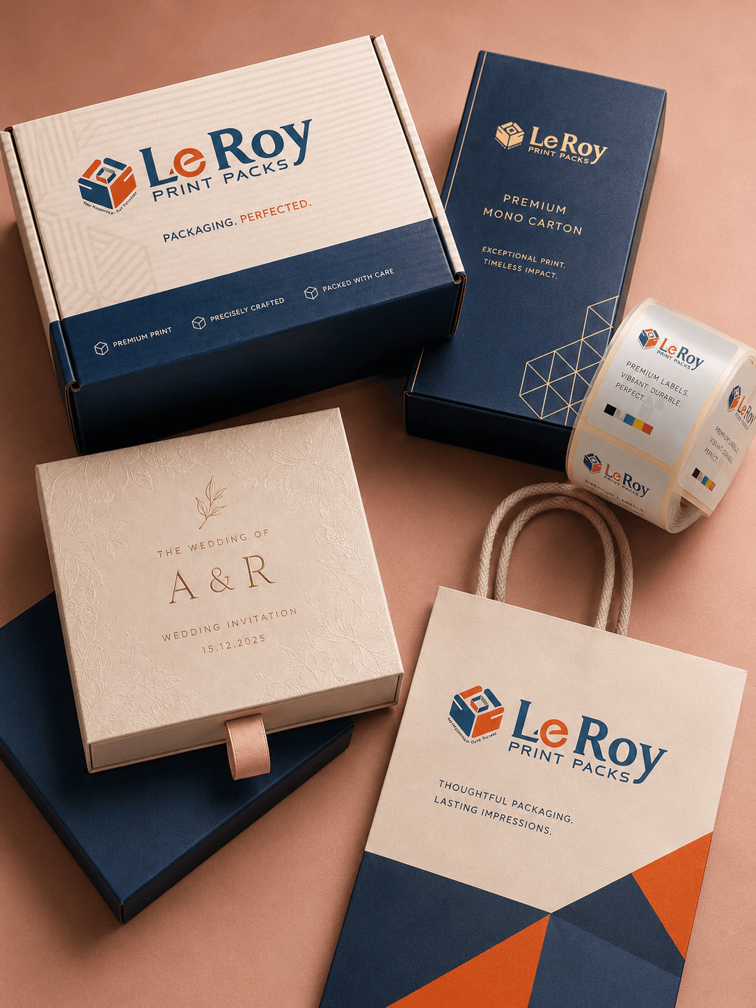 LeRoy Print Packs — corrugated boxes, folding cartons, labels, wedding stationery, and paper bags