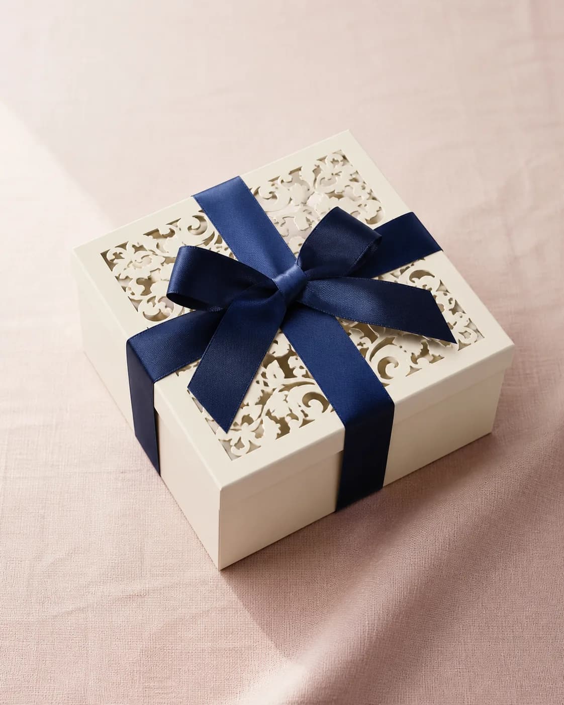 Laser cut rigid wedding invitation box with ribbon